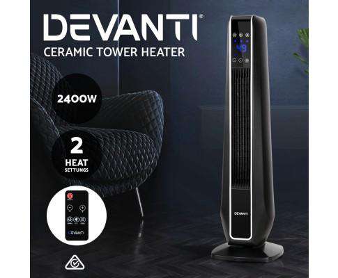 Electric Ceramic Tower Fan Heater Portable Oscillating Remote Control 2400W Black Devanti