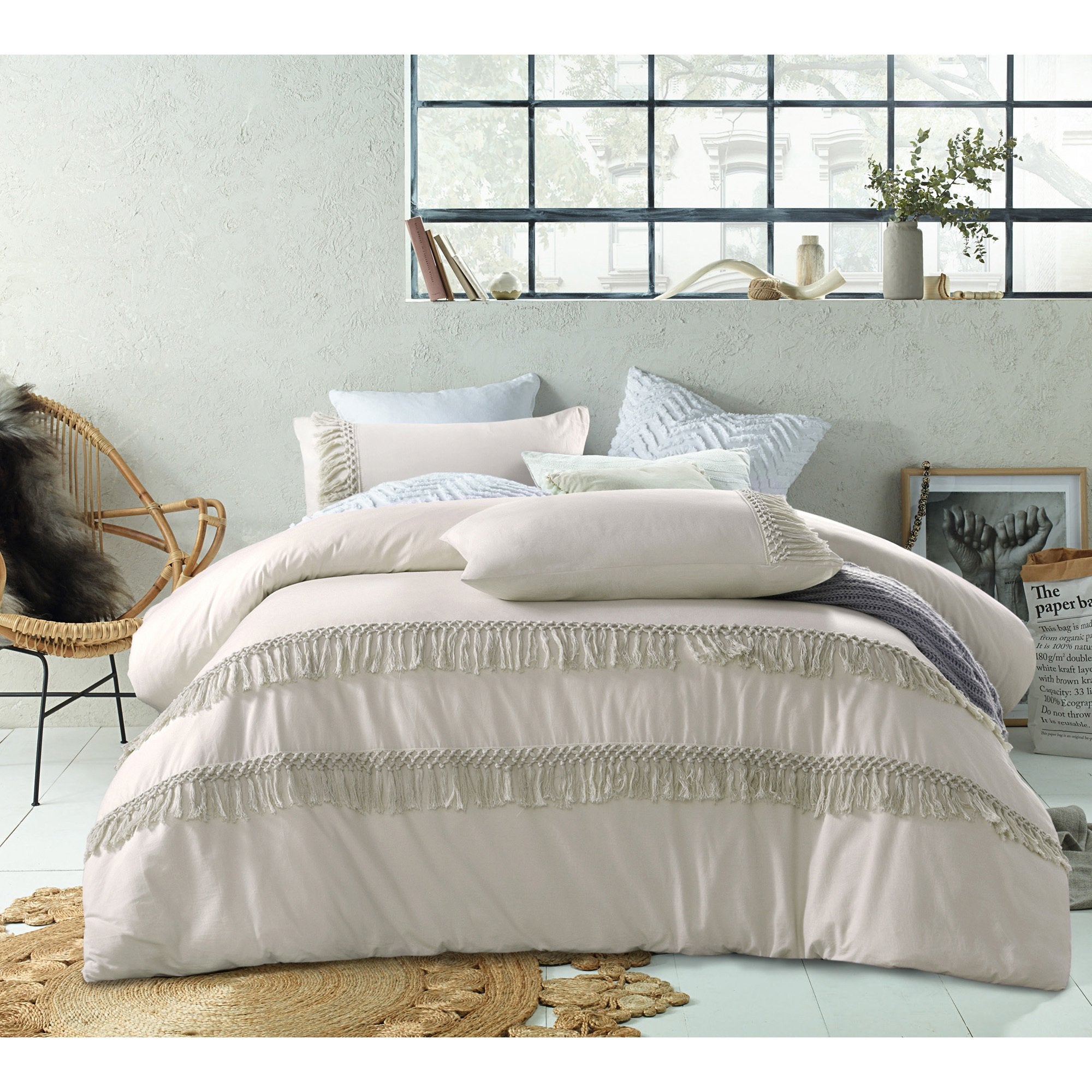 Vintage Design Cream Boho Tassel Cotton Quilt Cover Set Vintage Design