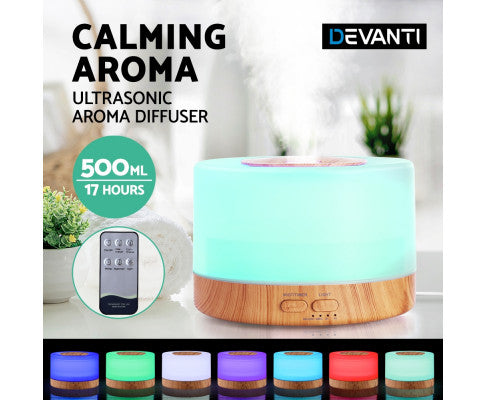 Diffuser Aromatherapy LED Night Light Air Humidifier Purifier Round Light Wood Grain 500ml Remote Control Big Bedding Australia
