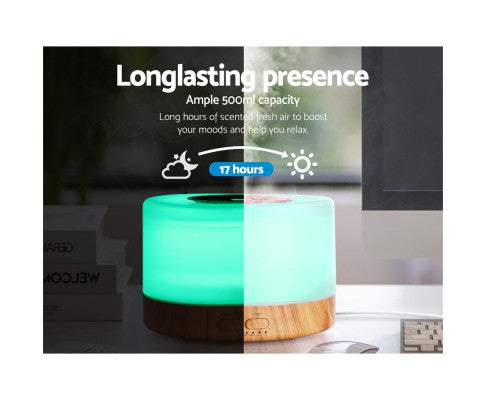 Diffuser Aromatherapy LED Night Light Air Humidifier Purifier Round Light Wood Grain 500ml Remote Control Big Bedding Australia