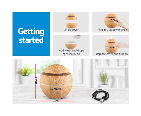 Aromatherapy Diffuser Aroma Essential Oils Air Humidifier LED Light 130ml Devanti