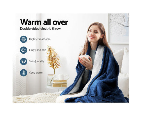 Electric Throw Rug Heated Blanket Washable Snuggle Flannel Winter Navy Giselle