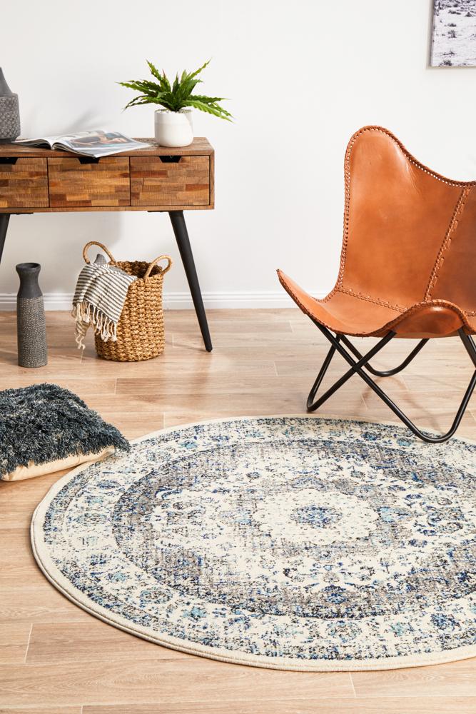 Evoke Mist White Transitional Round Rug Rug Culture