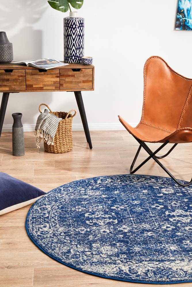 Evoke Oasis Navy Transitional Round Rug Rug Culture