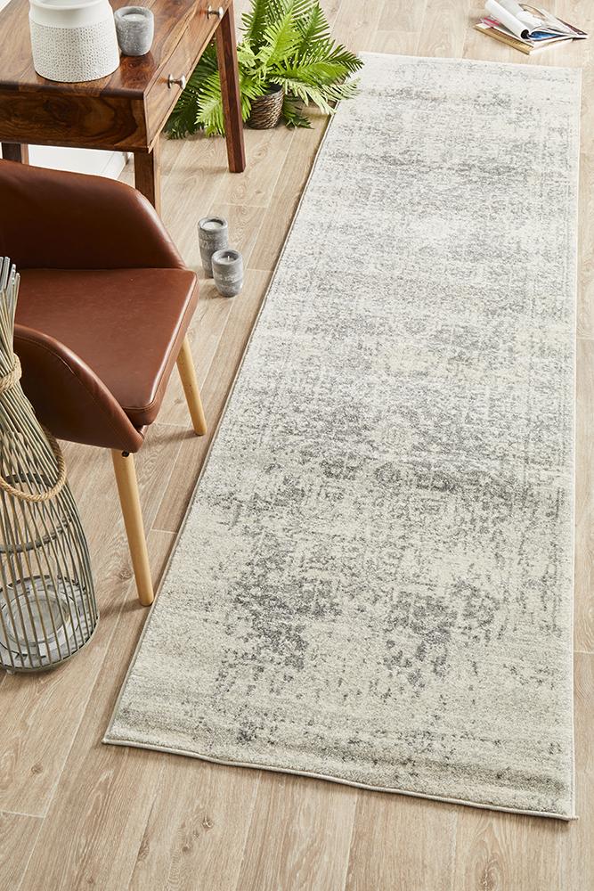 Evoke Dream White Silver Transitional Runner Rug Rug Culture
