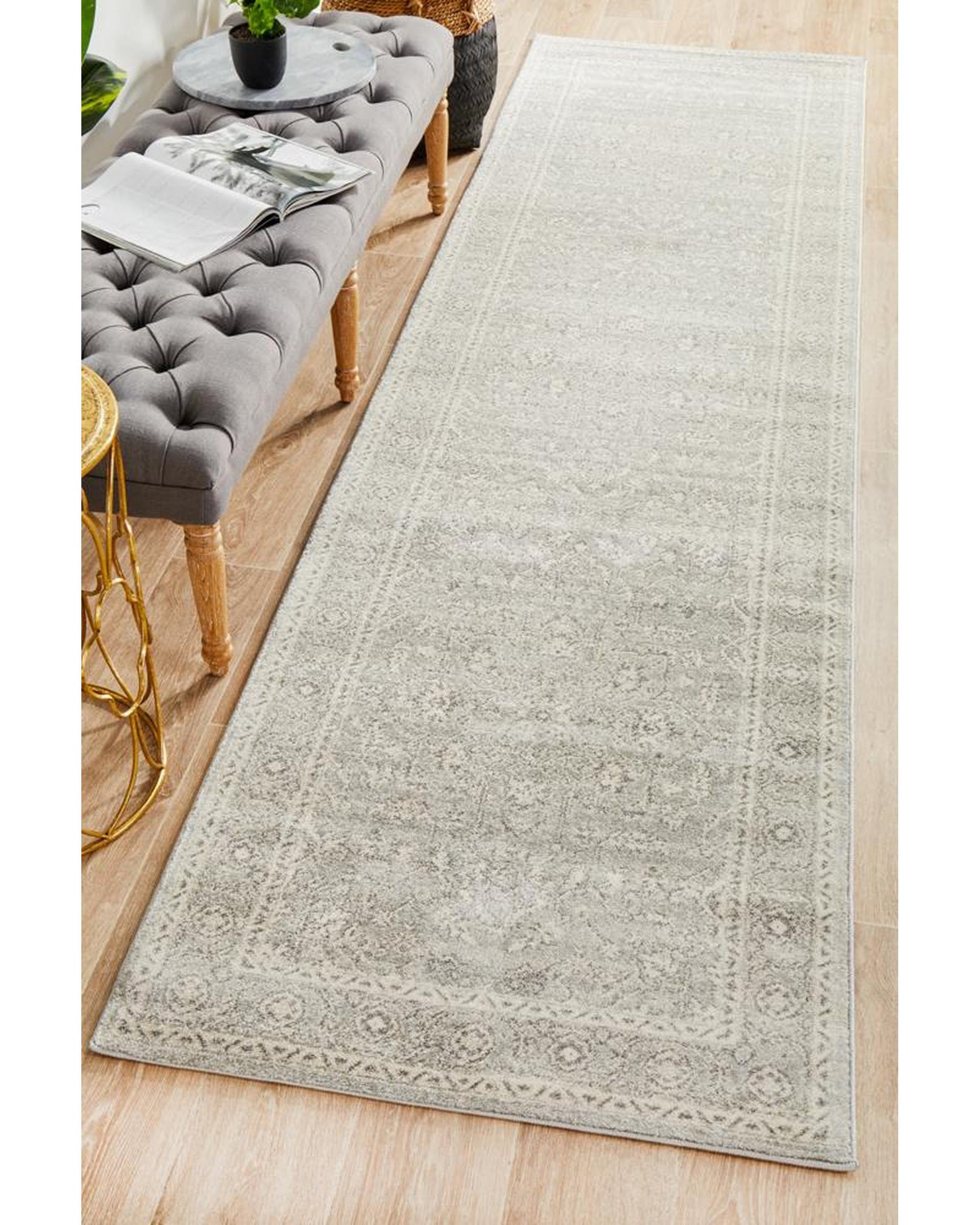 Evoke Silver Flower Transitional Runner Rug Rug Culture
