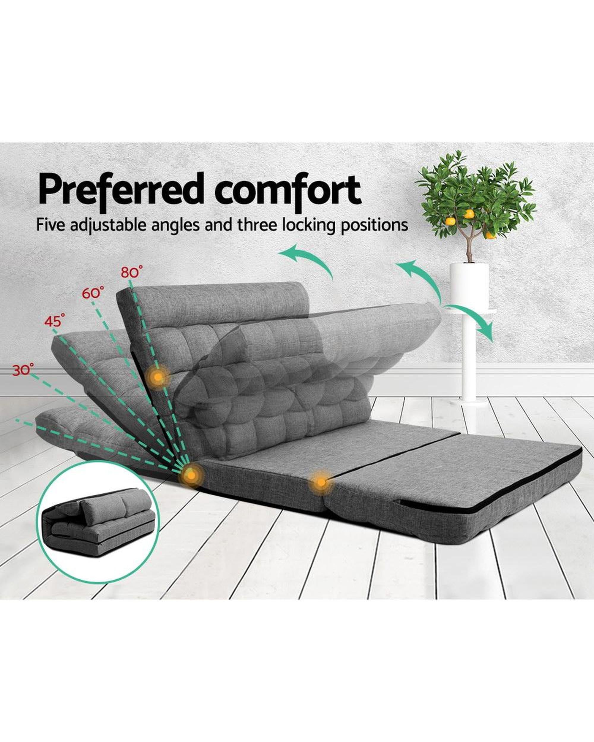 Lounge Sofa Bed 2-seater Floor Folding Fabric Grey Artiss