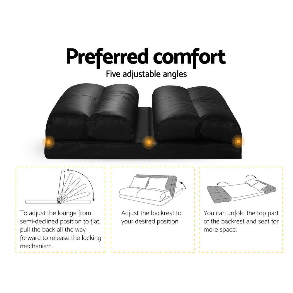 Lounge Sofa DOUBLE Floor Recliner Chaise Chair Folding PU leather Black Artiss