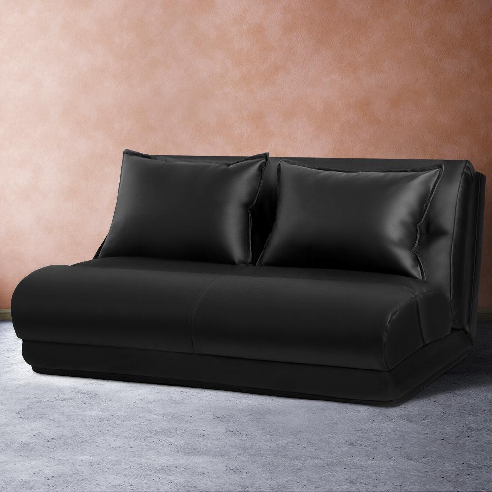 Lounge Sofa DOUBLE Floor Recliner Chaise Chair Folding PU leather Black Artiss