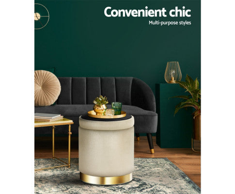 Round Velvet Ottoman Foot Stool Foot Rest Pouffe Pouf Padded Seat Living Room - Cream Artiss