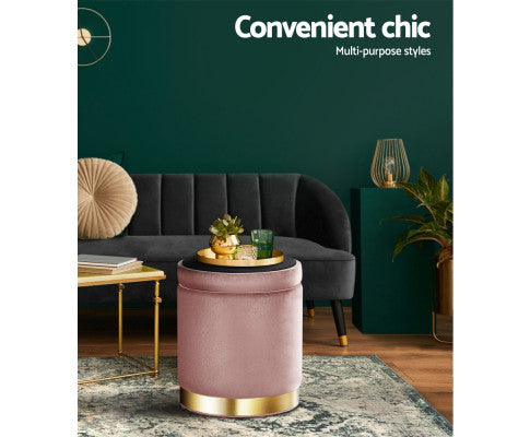 Round Velvet Ottoman Foot Stool Foot Rest Pouffe Pouf Padded Seat Living Room - Pink Artiss