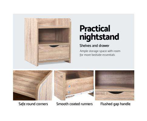 Bedside Table Drawer - Oak Brown Artiss