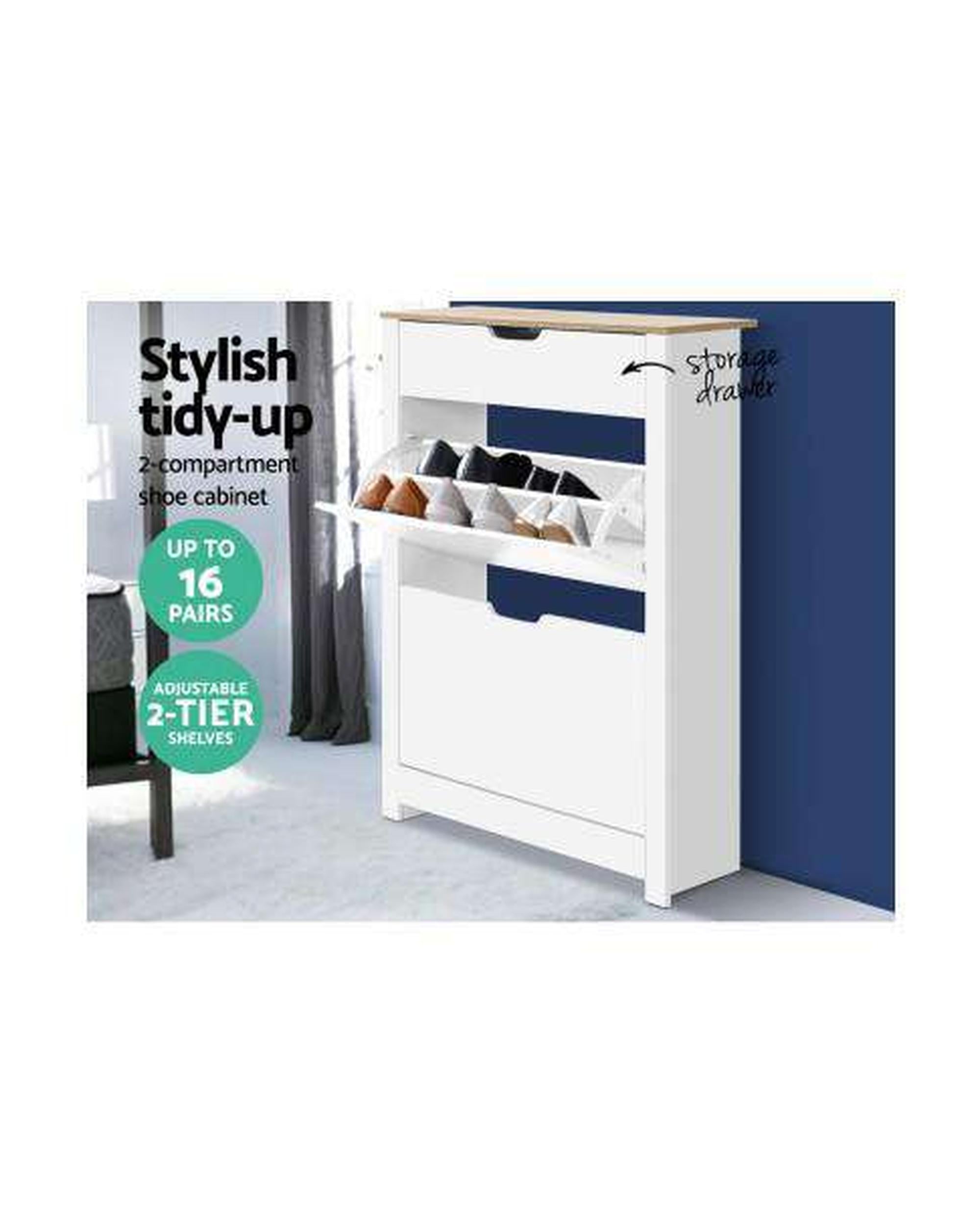 Shoe Cabinet Rack Storage Organiser Cupboard Shelf Drawer 16 Pairs White Artiss