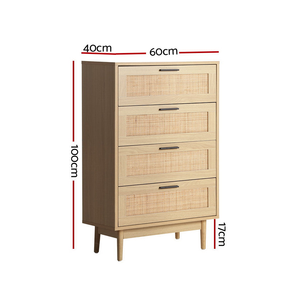 Artiss 4 Chest of Drawers Rattan Tallboy Cabinet Bedroom Clothes Storage Wood Artiss