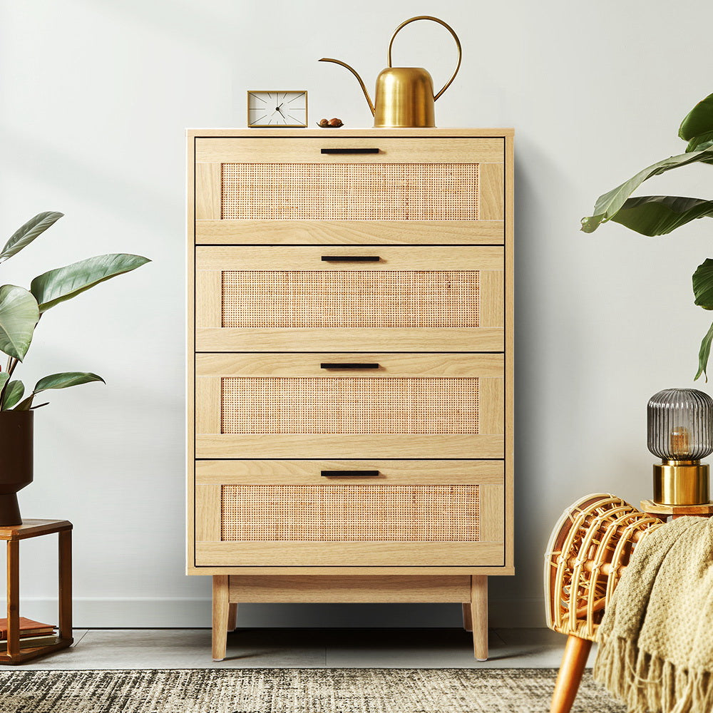 Artiss 4 Chest of Drawers Rattan Tallboy Cabinet Bedroom Clothes Storage Wood Artiss