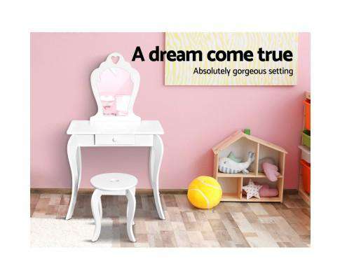 Keezi Kids Vanity Dressing Table Stool Set Mirror Drawer Children Makeup White Artiss