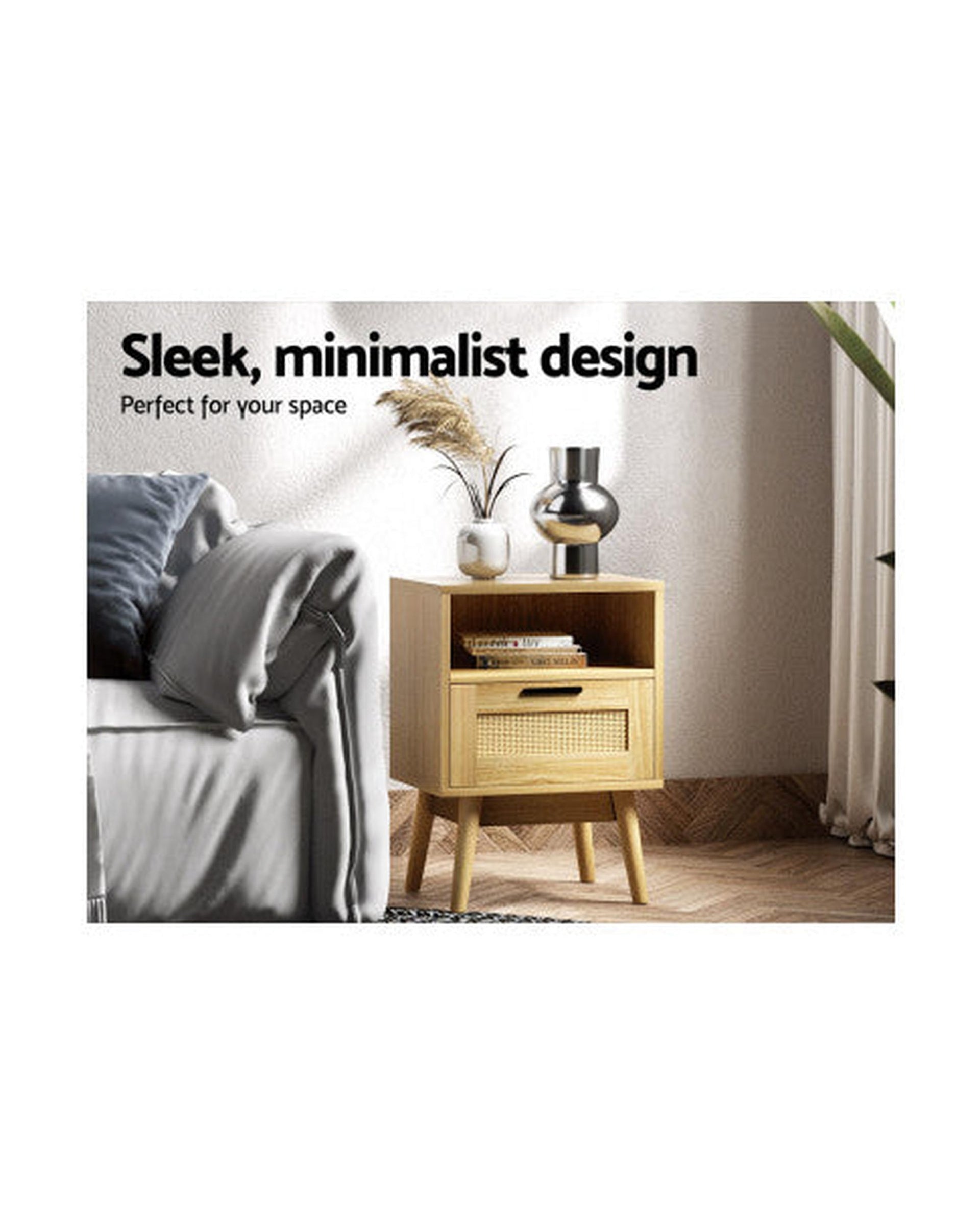 Bedside Tables Rattan Drawers Side Table Nightstand Storage Cabinet Wood Artiss