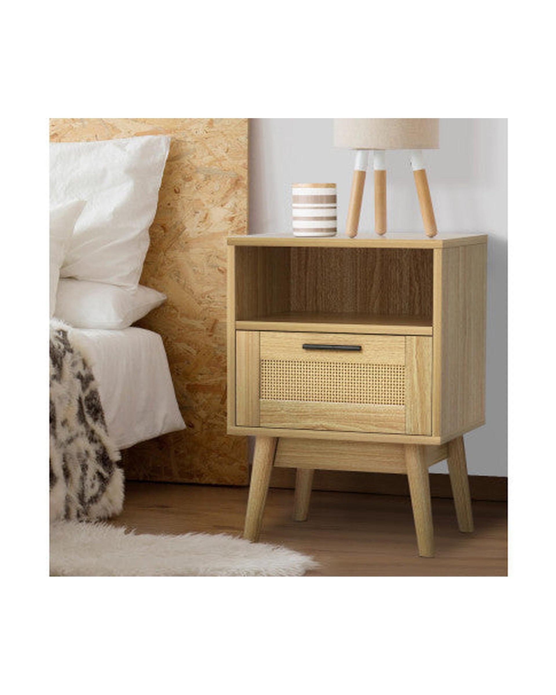 Bedside Tables Rattan Drawers Side Table Nightstand Storage Cabinet Wood Artiss