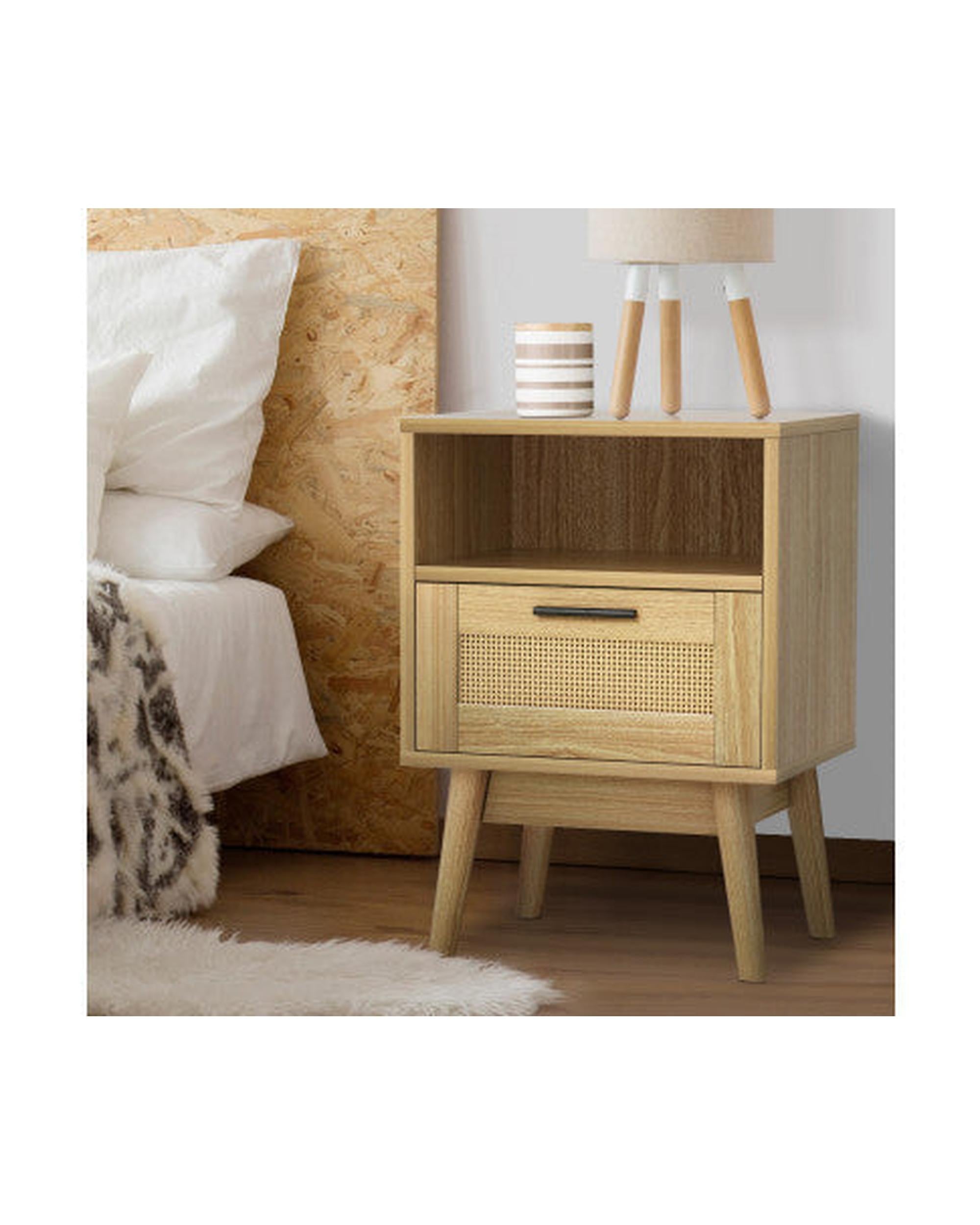 Bedside Tables Rattan Drawers Side Table Nightstand Storage Cabinet Wood Artiss