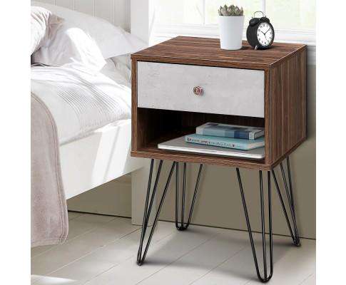 Bedside Table with Drawer - Grey & Walnut Artiss