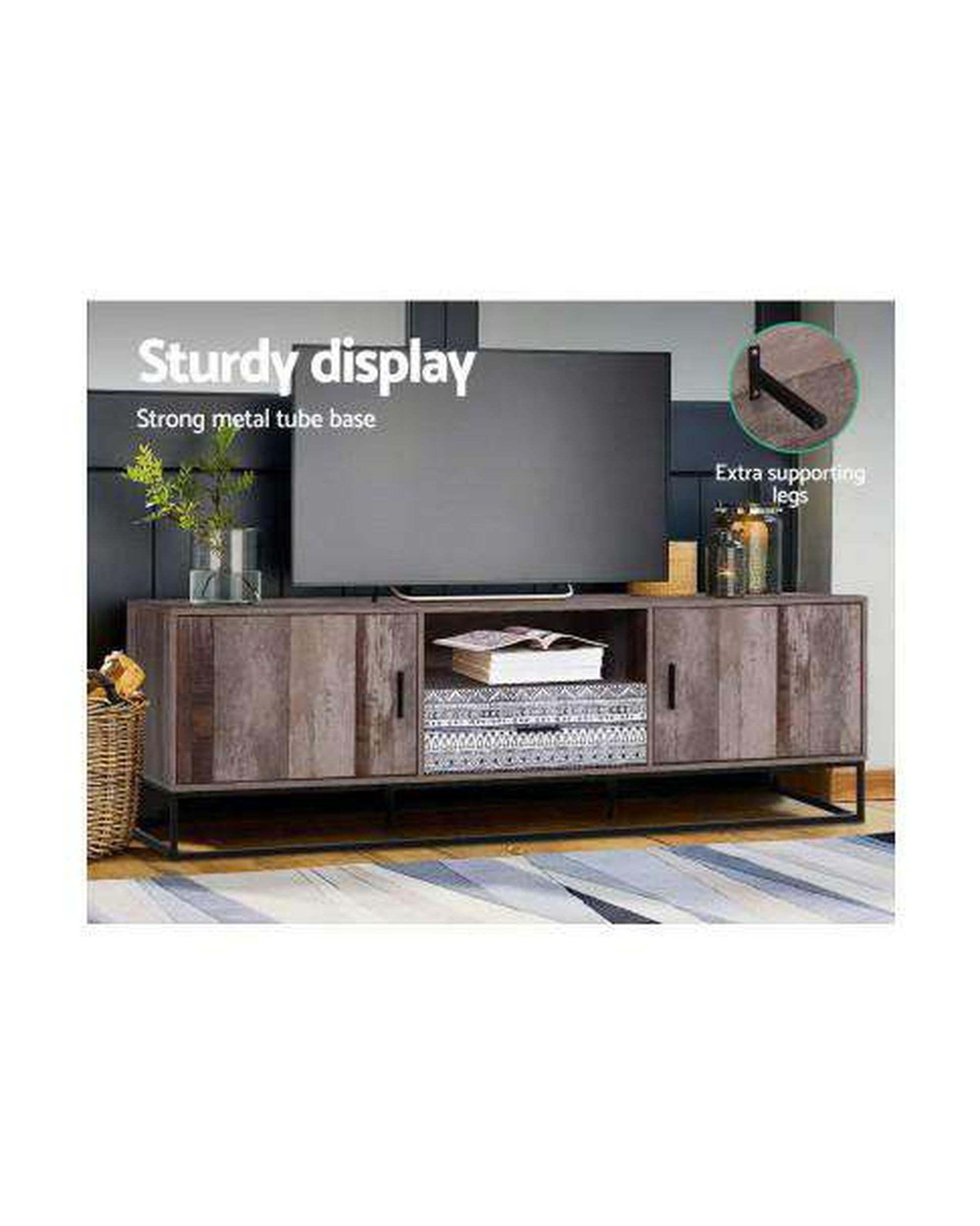 TV Cabinet Entertainment Unit Stand Storage Wooden Industrial Rustic 180cm Artiss