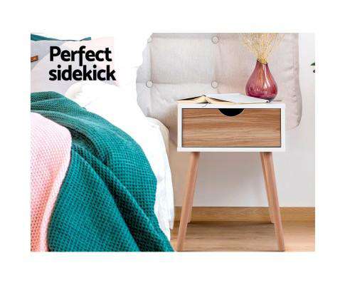 Bedside Tables Drawers Side Table Storage Cabinet Nightstand Solid Wood Legs Bedroom White Artiss