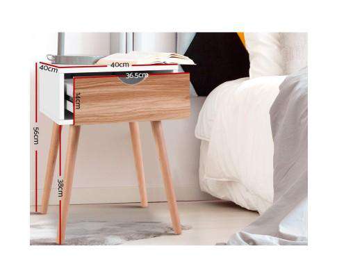 Bedside Tables Drawers Side Table Storage Cabinet Nightstand Solid Wood Legs Bedroom White Artiss