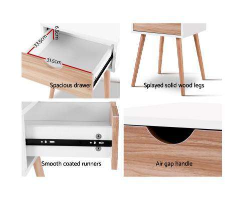 Bedside Tables Drawers Side Table Storage Cabinet Nightstand Solid Wood Legs Bedroom White Artiss