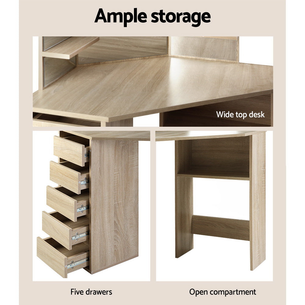 Corner Dressing Table Mirror Stool Set Makeup Vanity Desk Chair Oak Artiss