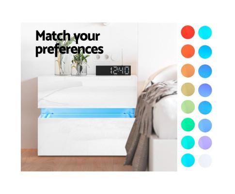 Bedside Table 2 Drawers RGB LED Side Nightstand High Gloss Cabinet White Artiss