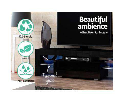 TV Cabinet Entertainment Unit Stand RGB LED Gloss Furniture 130cm Black Artiss