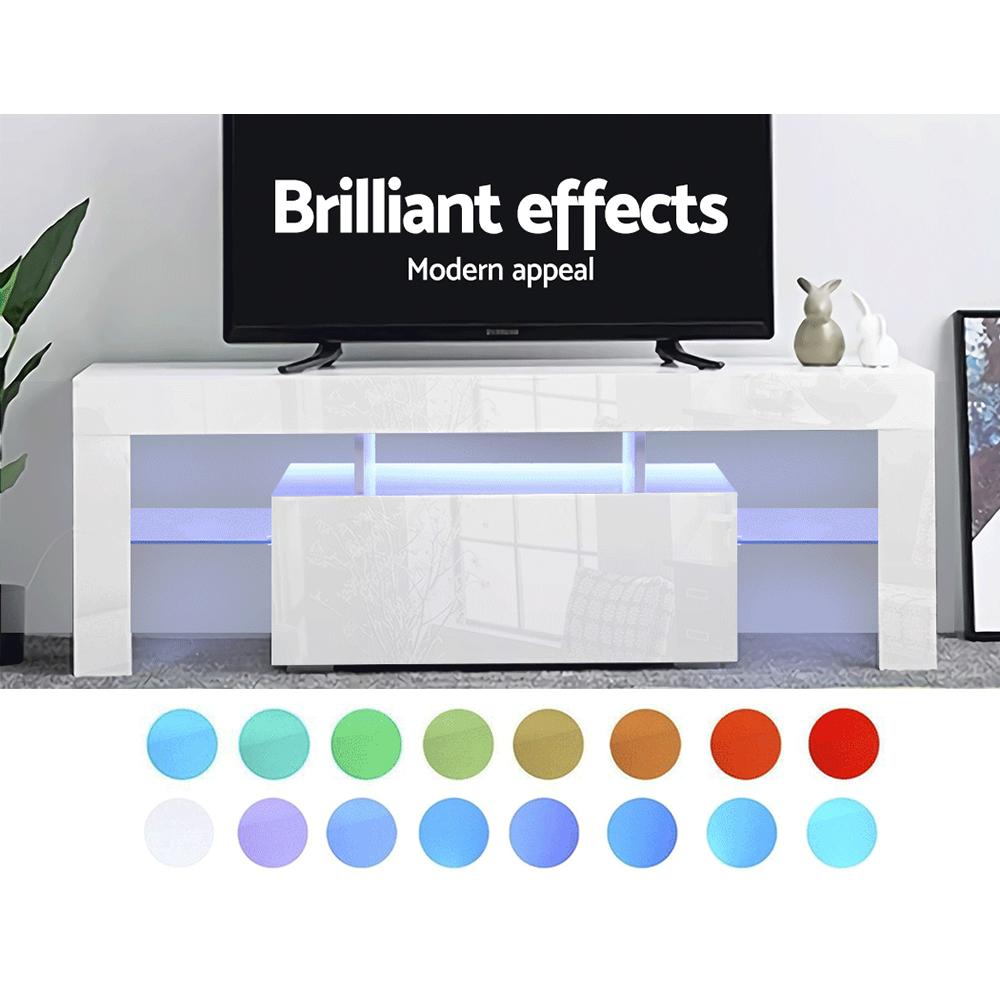 130cm RGB LED TV Stand Cabinet Entertainment Unit Gloss Furniture Drawer Tempered Glass Shelf White Artiss