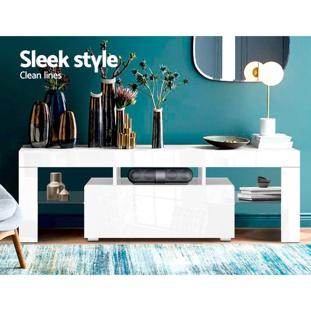 130cm RGB LED TV Stand Cabinet Entertainment Unit Gloss Furniture Drawer Tempered Glass Shelf White Artiss