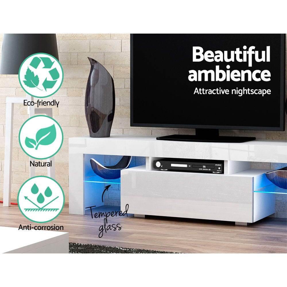 130cm RGB LED TV Stand Cabinet Entertainment Unit Gloss Furniture Drawer Tempered Glass Shelf White Artiss