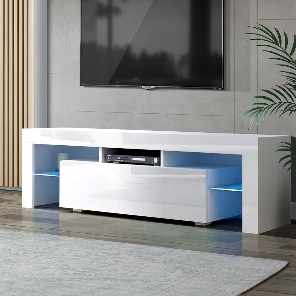 130cm RGB LED TV Stand Cabinet Entertainment Unit Gloss Furniture Drawer Tempered Glass Shelf White Artiss