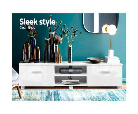 TV Cabinet Entertainment Unit Stand High Gloss Furniture Storage Drawers 140cm White Artiss