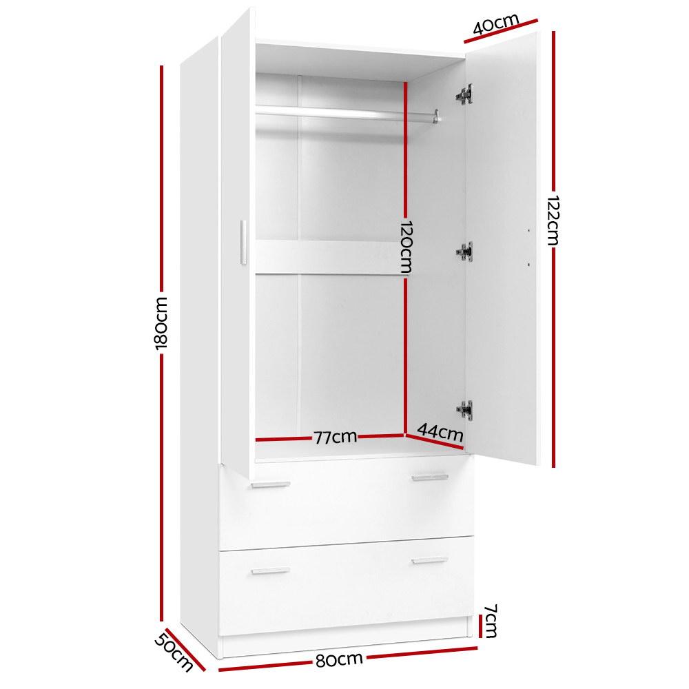 2 Doors Wardrobe Bedroom Closet Storage Cabinet Organiser Armoire 180cm White Artiss