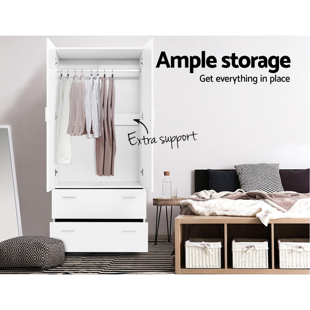 2 Doors Wardrobe Bedroom Closet Storage Cabinet Organiser Armoire 180cm White Artiss