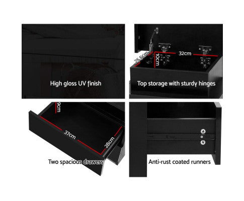 Bedside Tables Side Table Drawers RGB LED High Gloss Nightstand Black Big Bedding Australia
