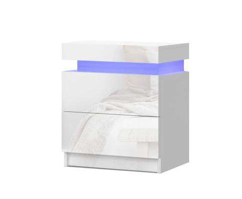 Bedside Tables Side Table Drawers RGB LED High Gloss Nightstand White Artiss