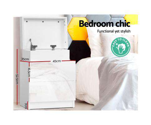 Bedside Tables Side Table Drawers RGB LED High Gloss Nightstand White Artiss