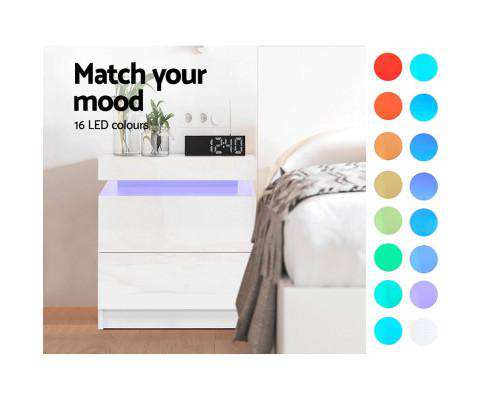Bedside Tables Side Table Drawers RGB LED High Gloss Nightstand White Artiss
