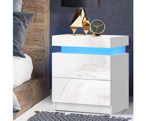 Bedside Tables Side Table Drawers RGB LED High Gloss Nightstand White Artiss