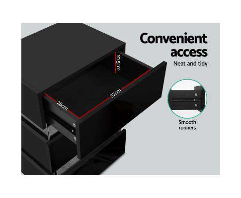 Bedside Table Side Unit RGB LED Lamp 3 Drawers Nightstand Gloss Furniture Black Artiss