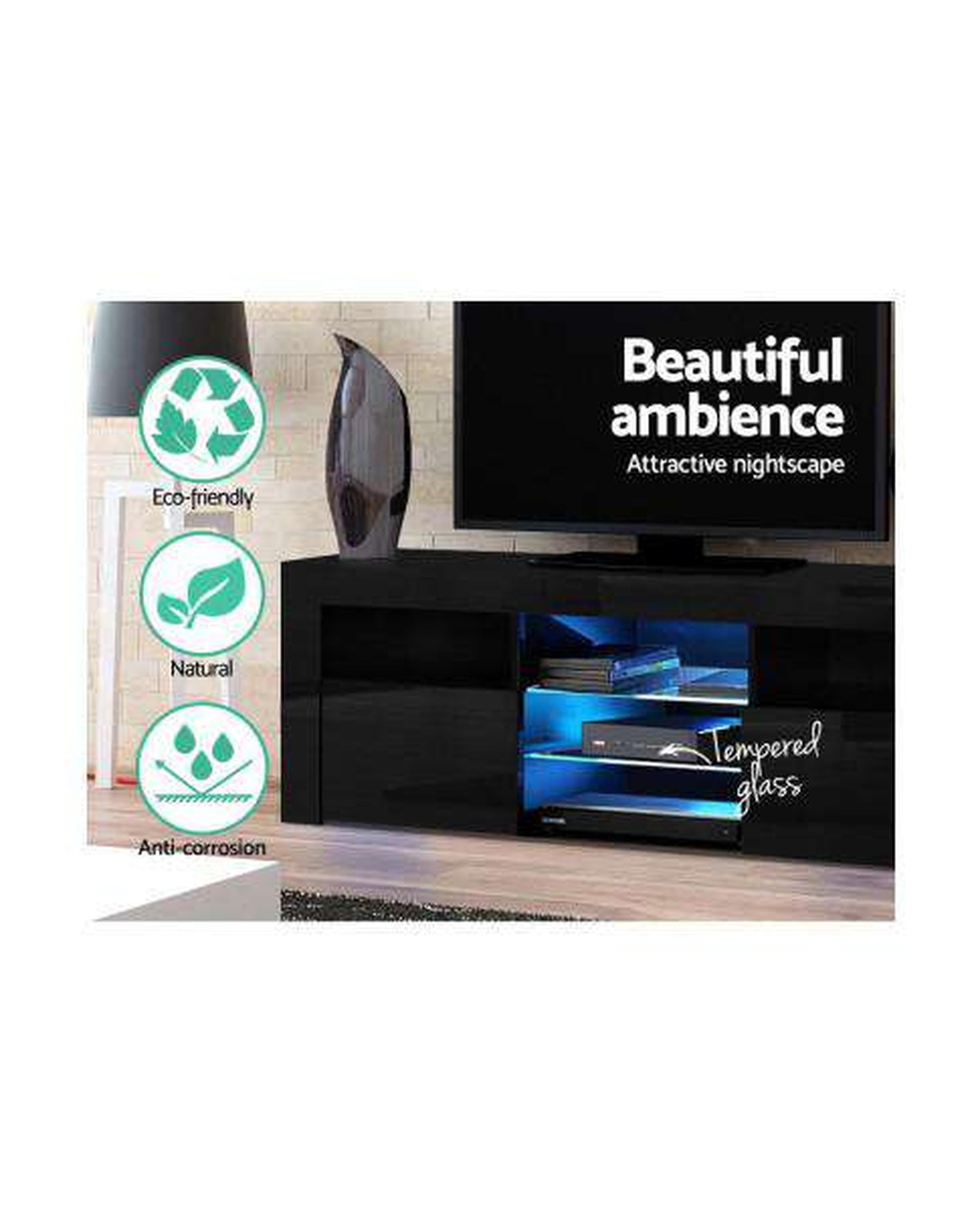 TV Cabinet Entertainment Unit Stand RGB LED Gloss Furniture 160cm Black Artiss