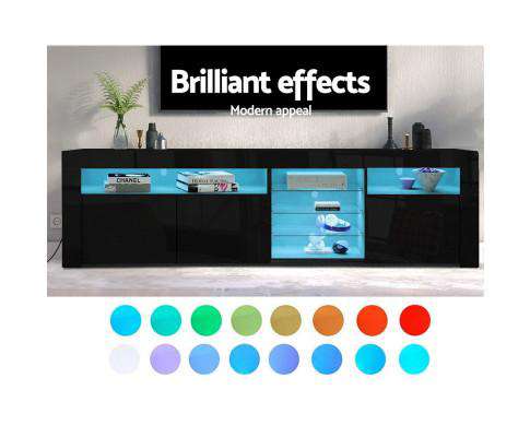 TV Cabinet Entertainment Unit Stand RGB LED Gloss 3 Doors 180cm Black Artiss