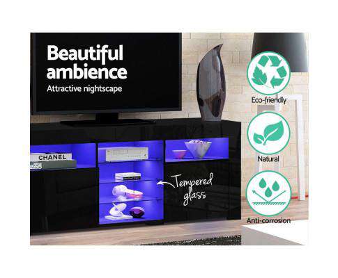 TV Cabinet Entertainment Unit Stand RGB LED Gloss 3 Doors 180cm Black Artiss