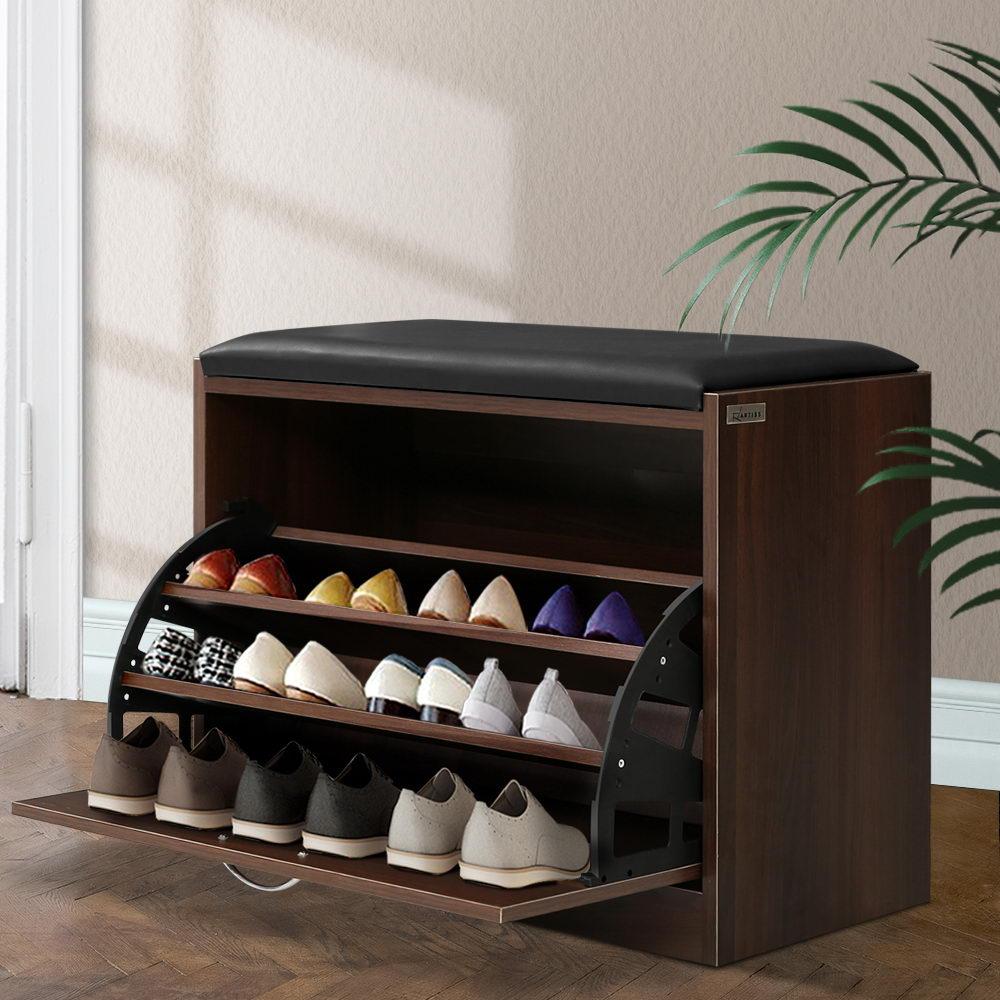Artiss Shoe Cabinet Bench Shoes Storage Rack Organiser Drawer 15 Pairs Walnut Artiss