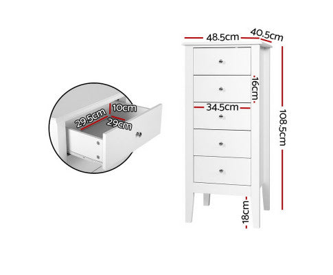 5 Tallboy Chest of Drawers Storage Cabinet Bedside Table Dresser White Artiss