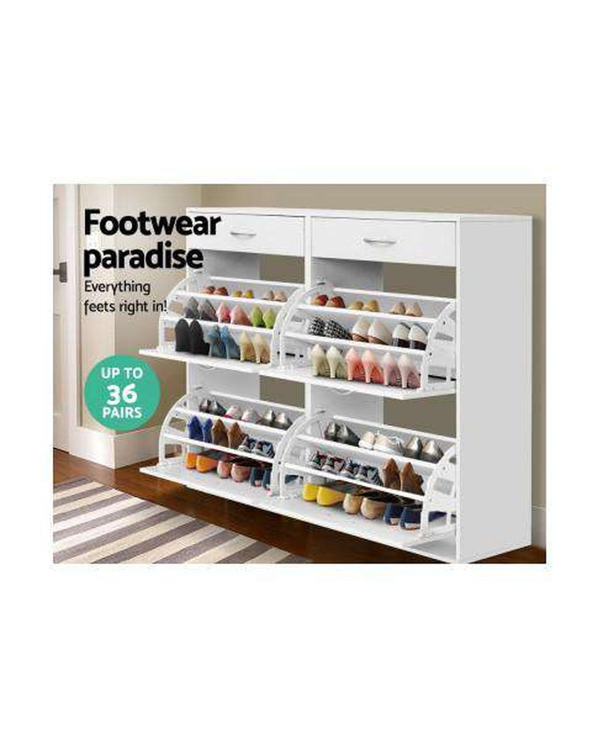 36 Pairs Shoe Cabinet Rack Organisers Storage Shelf Drawer Cupboard White Artiss